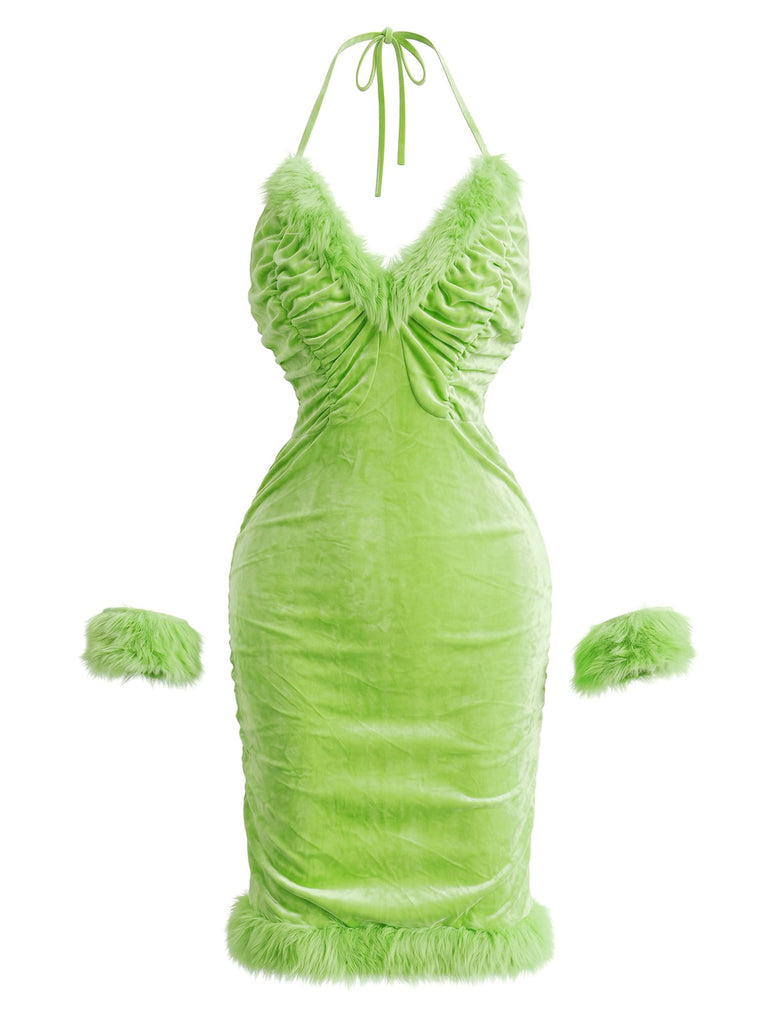 Gelbgrünes 70er Weihnachts-Samtkleid-Set mit Kunstfellbesatz und Neckholder