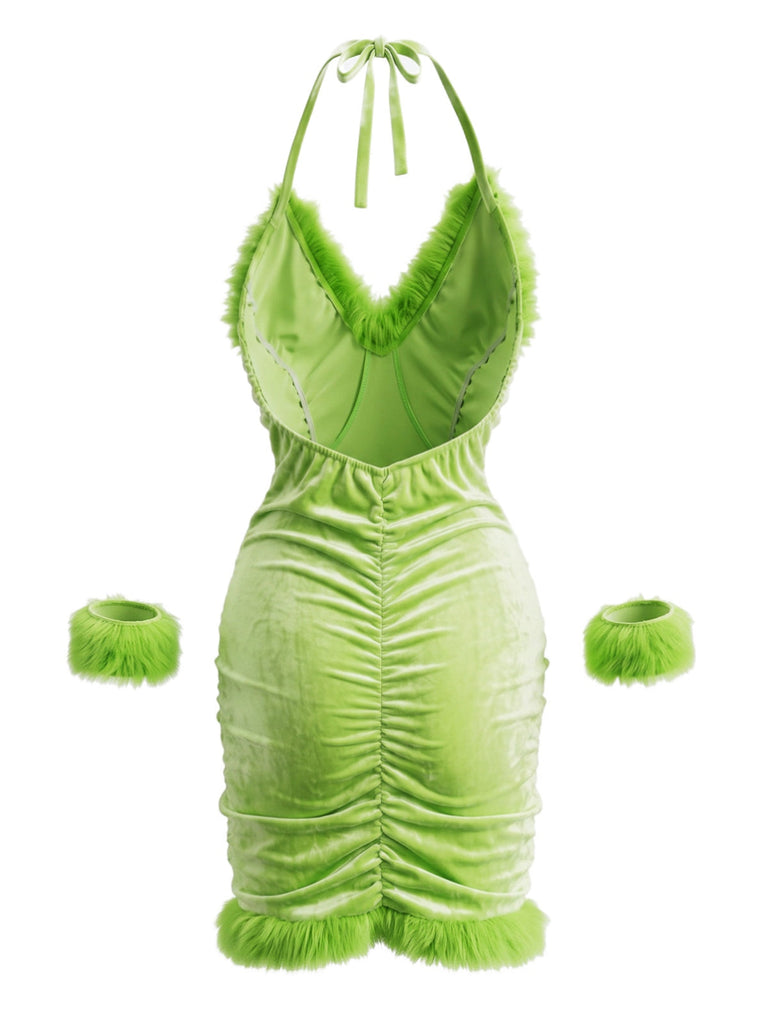 Gelbgrünes 70er Weihnachts-Samtkleid-Set mit Kunstfellbesatz und Neckholder