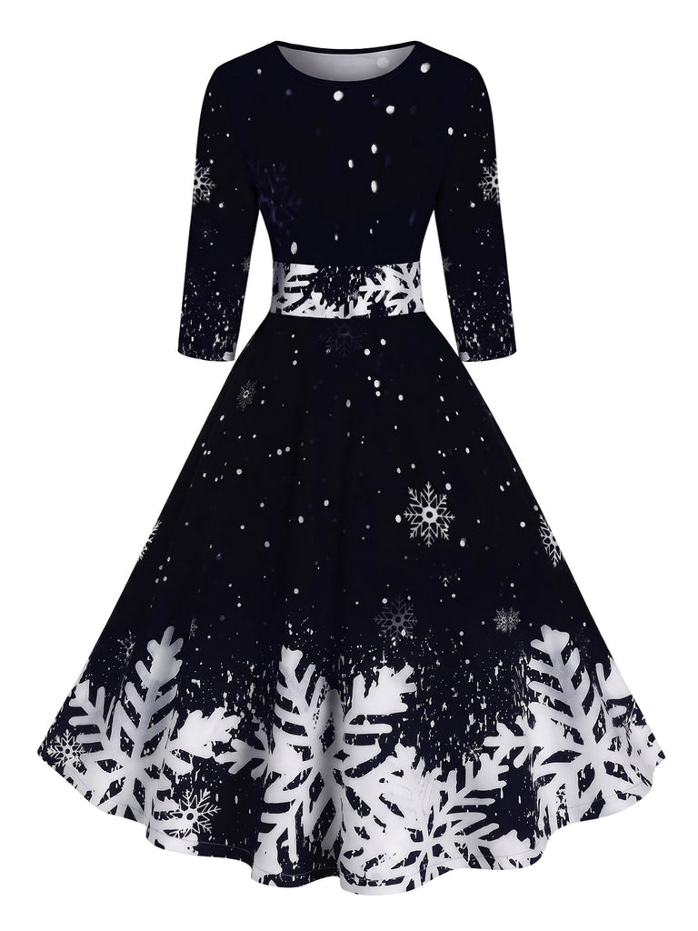 50er Schneeflocken-Printkleid mit Halbärmeln und betonter Taille