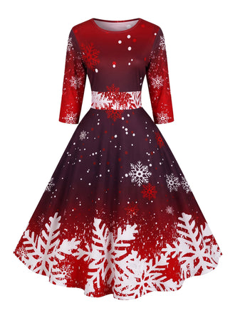 50er Schneeflocken-Printkleid mit Halbärmeln und betonter Taille