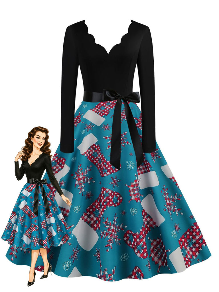 Blaues 50er Weihnachts-Swingkleid mit Strumpf-Print und Wellenausschnitt