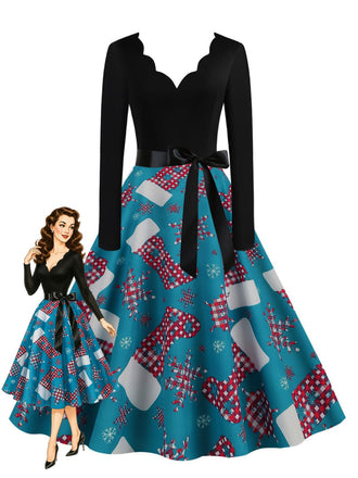 Blaues 50er Weihnachts-Swingkleid mit Strumpf-Print und Wellenausschnitt