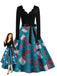 Blaues 50er Weihnachts-Swingkleid mit Strumpf-Print und Wellenausschnitt