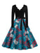 Blaues 50er Weihnachts-Swingkleid mit Strumpf-Print und Wellenausschnitt