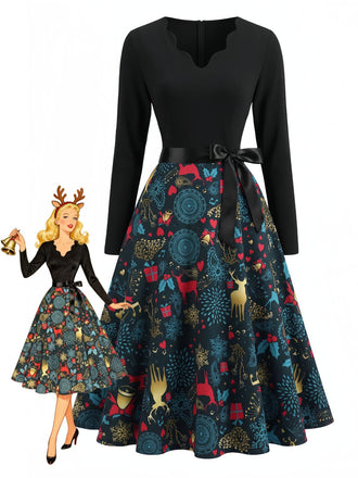 Mehrfarbiges 50er Weihnachts-Swingkleid mit Wellen-Ausschnitt