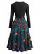 Mehrfarbiges 50er Weihnachts-Swingkleid mit Wellen-Ausschnitt