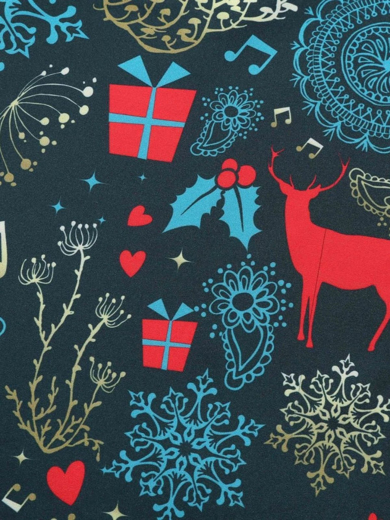 Mehrfarbiges 50er Weihnachts-Swingkleid mit Wellen-Ausschnitt