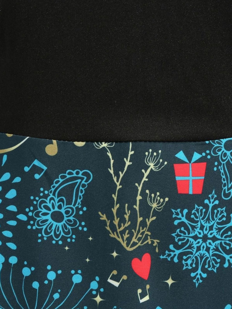 Mehrfarbiges 50er Weihnachts-Swingkleid mit Wellen-Ausschnitt