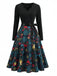 Mehrfarbiges 50er Weihnachts-Swingkleid mit Wellen-Ausschnitt