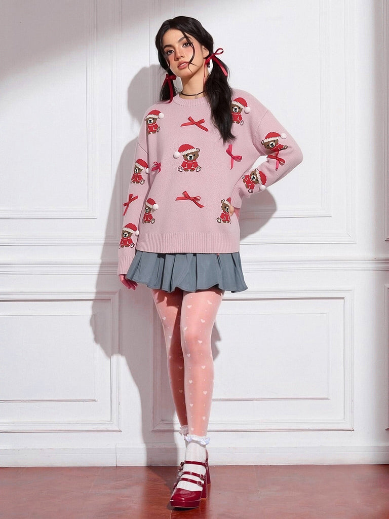 Rosa 60er Weihnachts-Strickpullover mit Teddybär und Schleife