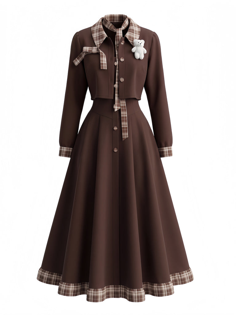 Braunes 40er Set aus Spaghettiträgerkleid & Kurzjacke mit Karobesatz