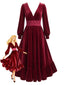 Rotes 50er Samtkleid mit V-Ausschnitt, Taillenspitze und Volantsaum