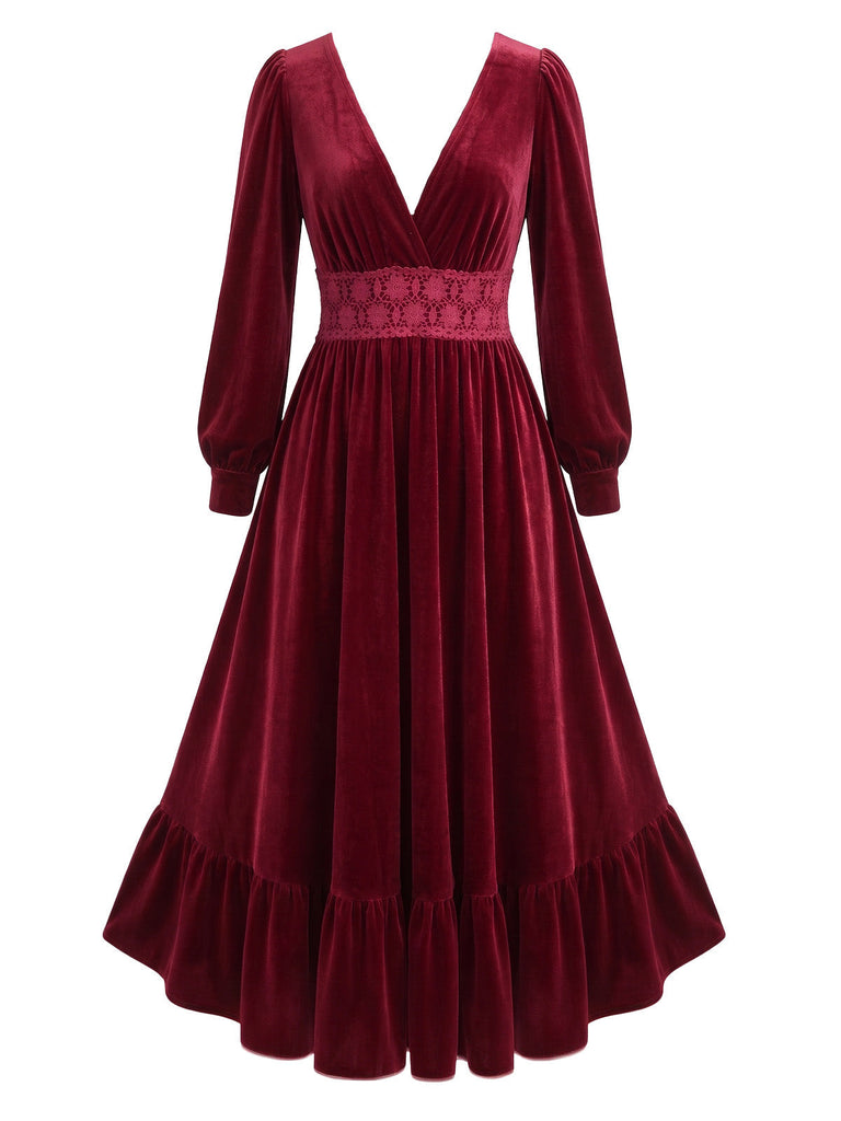 Rotes 50er Samtkleid mit V-Ausschnitt, Taillenspitze und Volantsaum