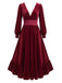 Rotes 50er Samtkleid mit V-Ausschnitt, Taillenspitze und Volantsaum