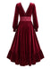 Rotes 50er Samtkleid mit V-Ausschnitt, Taillenspitze und Volantsaum