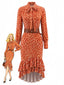 Oranges 70er Leo-Midikleid mit Gürtel und Volants