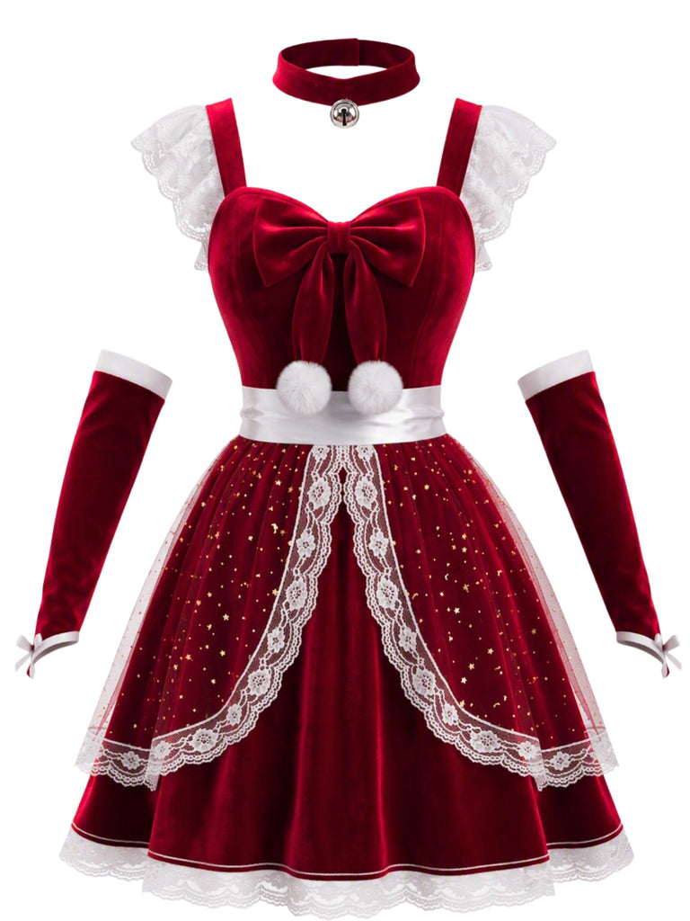 Rotes 40er Weihnachts-Samtkleid-Set im Schürzen-Look mit Meshbesatz und Schleife