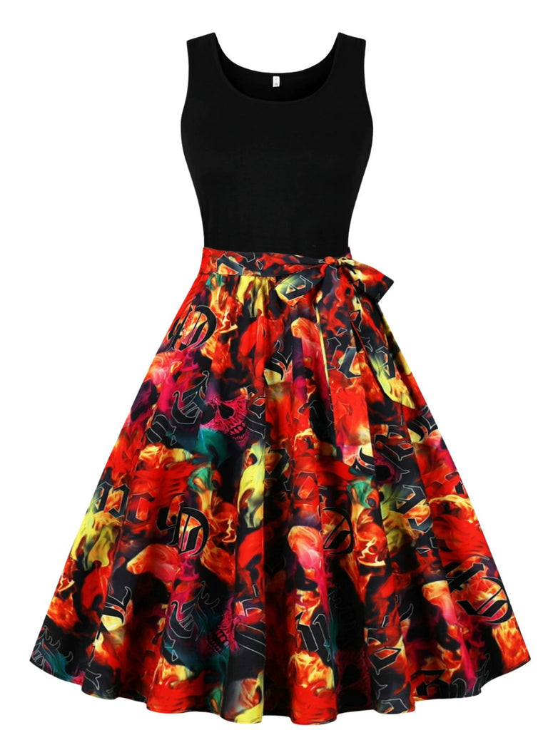 50er Halloween ärmelloses Kleid mit Kürbis- und Totenkopf-Print
