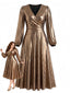 [Übergröße] Goldenes 70er Metallic-Kleid mit V-Ausschnitt und Ballonärmeln