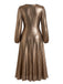 [Übergröße] Goldenes 70er Metallic-Kleid mit V-Ausschnitt und Ballonärmeln