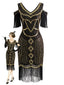 20er Flapperkleid mit Pailletten, Fransen und Schulterausschnitten