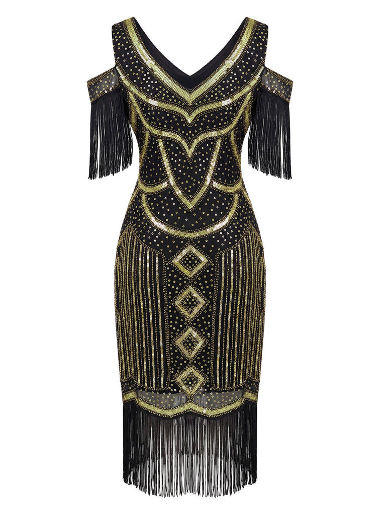 20er Flapperkleid mit Pailletten, Fransen und Schulterausschnitten