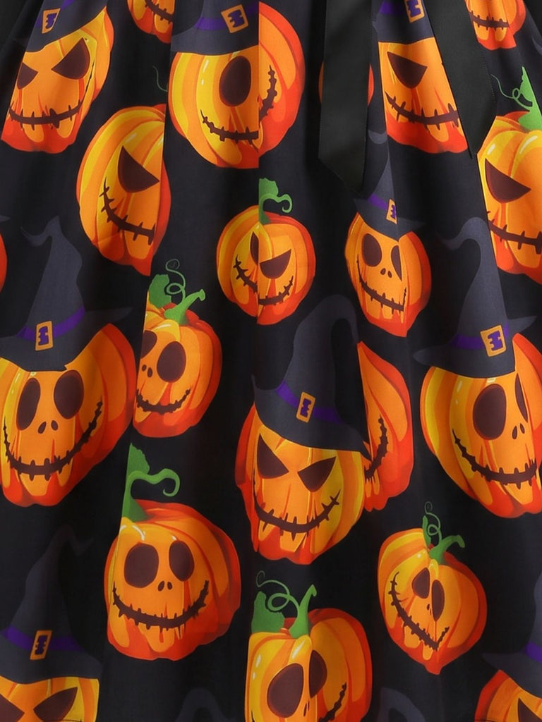 40er Halloween Swingkleid mit Kürbis-Print und Blütenkragen