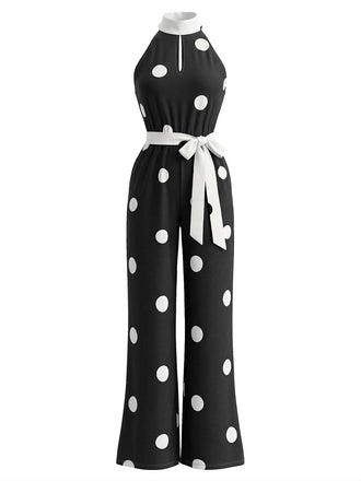 Ärmelloser 70er Neckholder-Punkte-Jumpsuit mit weitem Bein und Gürtel