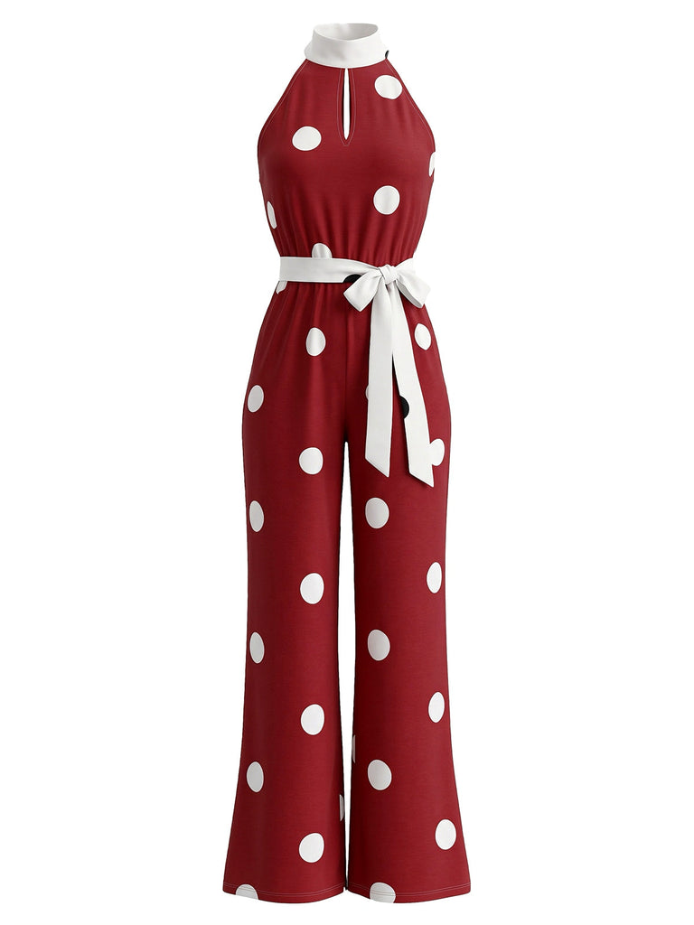 Ärmelloser 70er Neckholder-Punkte-Jumpsuit mit weitem Bein und Gürtel
