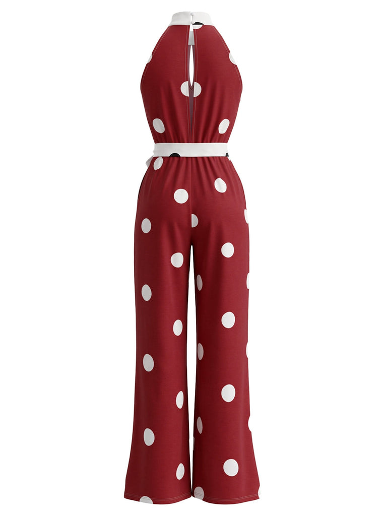 Ärmelloser 70er Neckholder-Punkte-Jumpsuit mit weitem Bein und Gürtel