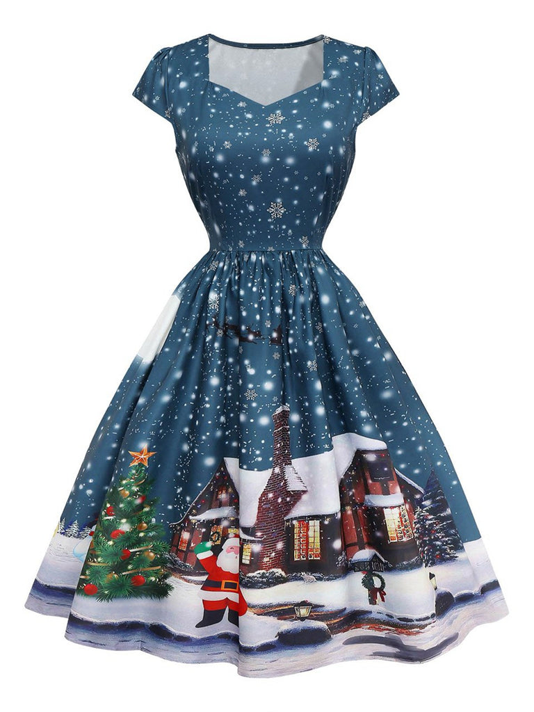 Dunkelblaues 50er Weihnachts-Midikleid mit Weihnachtsmannprint