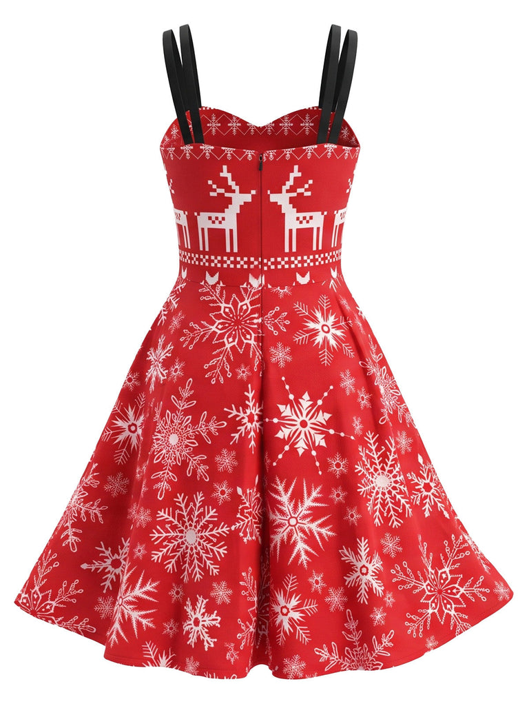 Rotes 50er Weihnachts-Swingkleid mit Rentier- und Schneeflockenprint