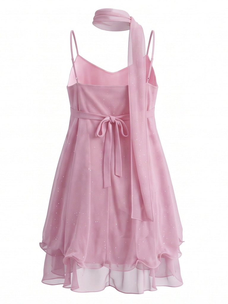 70er Glitzer-Mesh-Minikleid mit Rüschen und passendem Schal