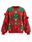 Roter 80er Weihnachtspulli mit Tannenbäumen, Schneeflocken und Pompons