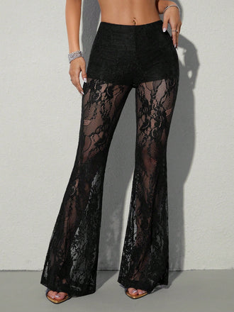 70er High-Waist-Schlaghose aus transparenter Spitze