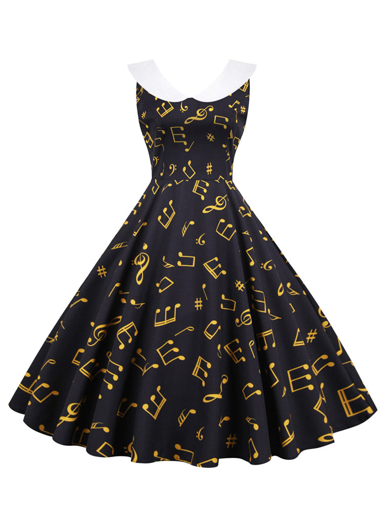 50er Kleid ohne Ärmel mit Notenprint und Bubikragen
