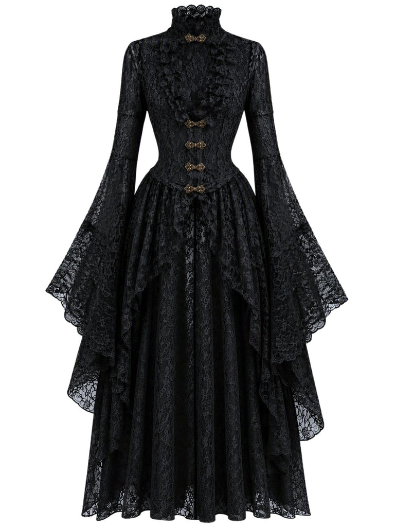 40er Spitzen-Mittelalterkleid mit Stehkragen und Trompetenärmeln