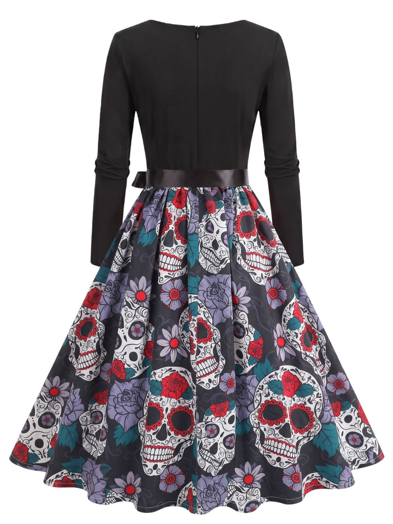 40er Halloween Kleid mit Totenkopf- und Rosenprint