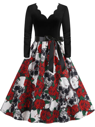 40er Halloween Kleid mit Totenkopf- und Rosenprint