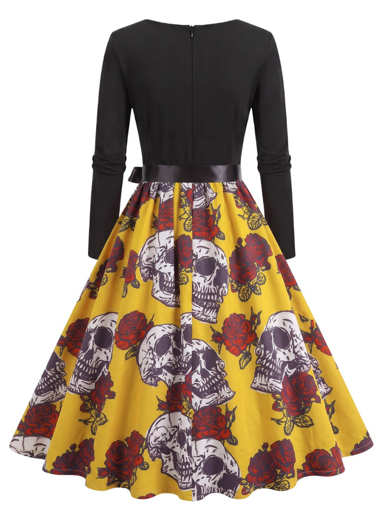 40er Halloween Kleid mit Totenkopf- und Rosenprint