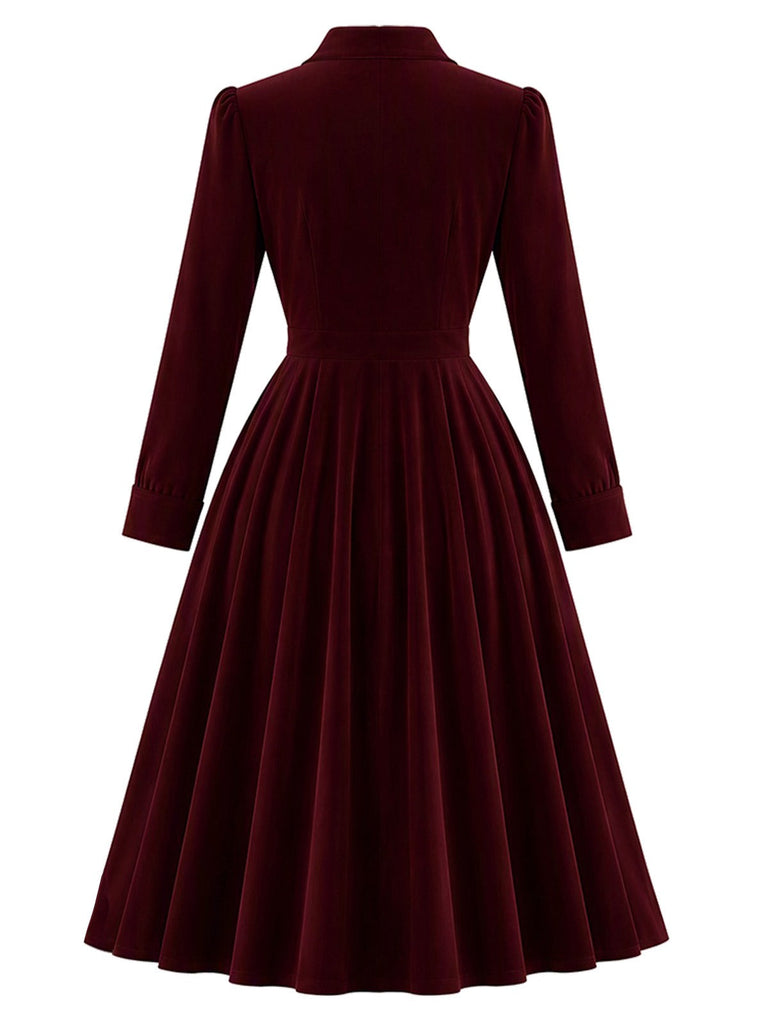 Rotes 40er Samt-Midikleid mit Revers und Taschen