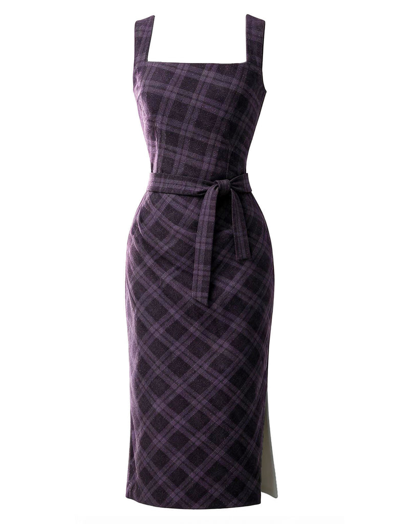 [Vorverkauf] Lila 60er Set aus Karo-Bleistiftkleid und Satinbluse mit Tunnelzugraffung