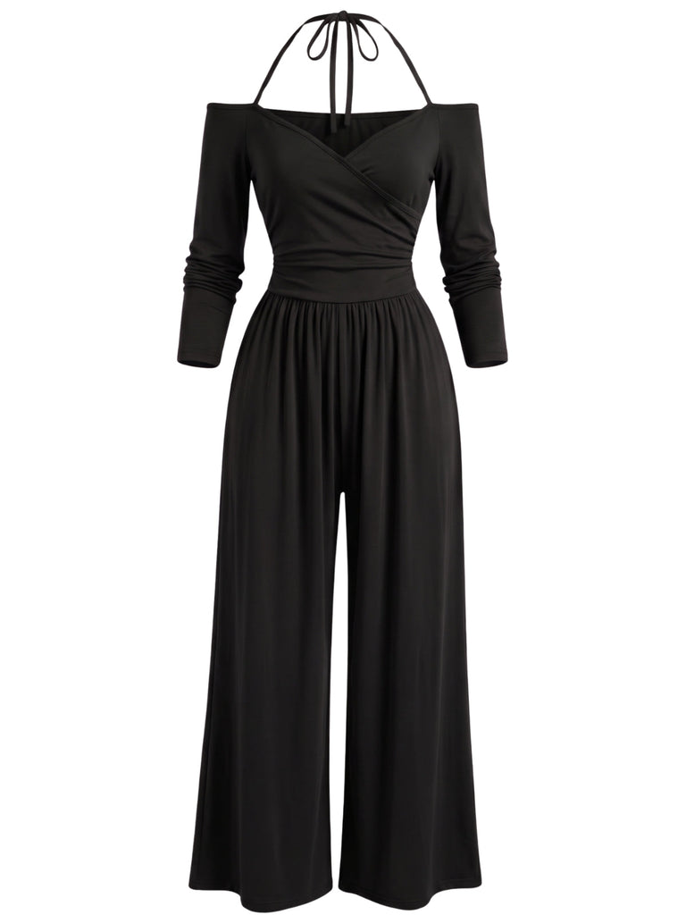Weinroter 60er schulterfreier Jumpsuit mit Neckholder