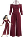 Weinroter 60er schulterfreier Jumpsuit mit Neckholder