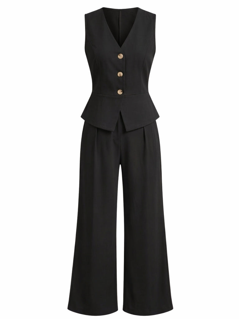 80er Set aus ärmelloser V-Ausschnitt-Weste und High-Waist-Hose