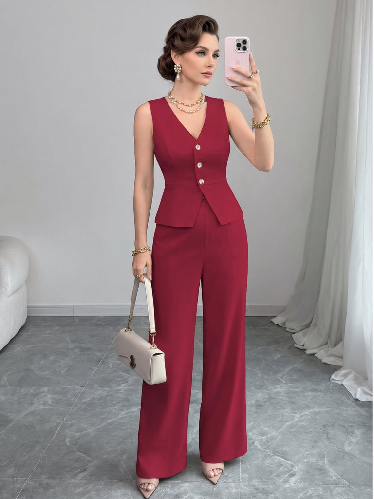 80er Set aus ärmelloser V-Ausschnitt-Weste und High-Waist-Hose
