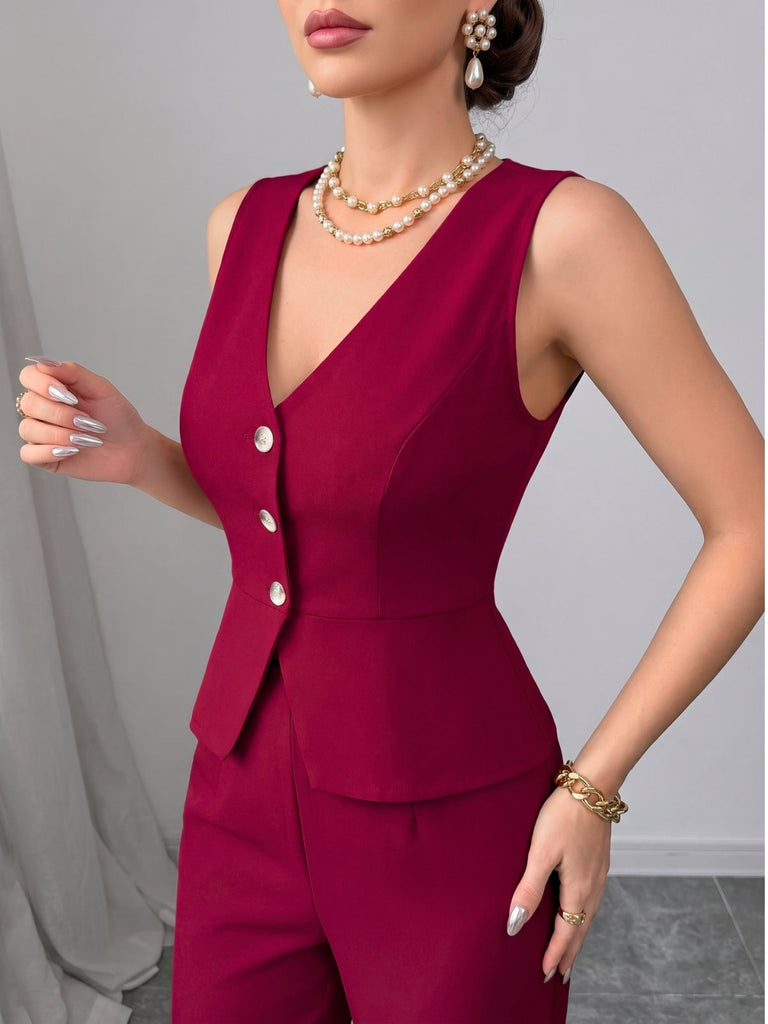 80er Set aus ärmelloser V-Ausschnitt-Weste und High-Waist-Hose