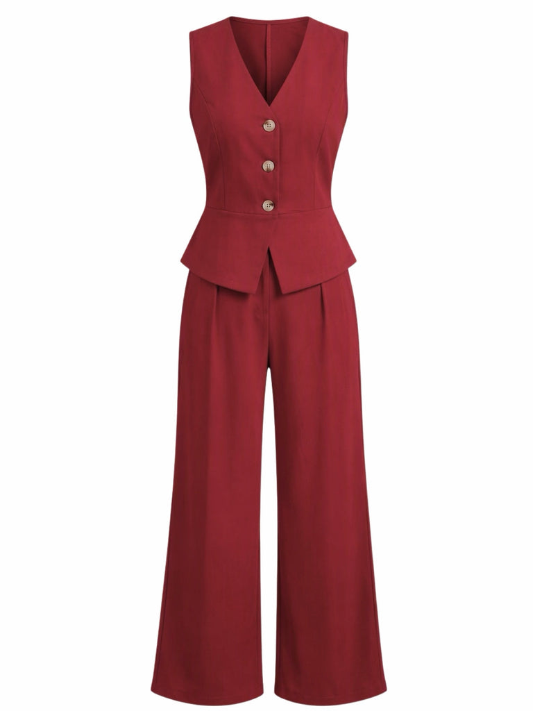 80er Set aus ärmelloser V-Ausschnitt-Weste und High-Waist-Hose