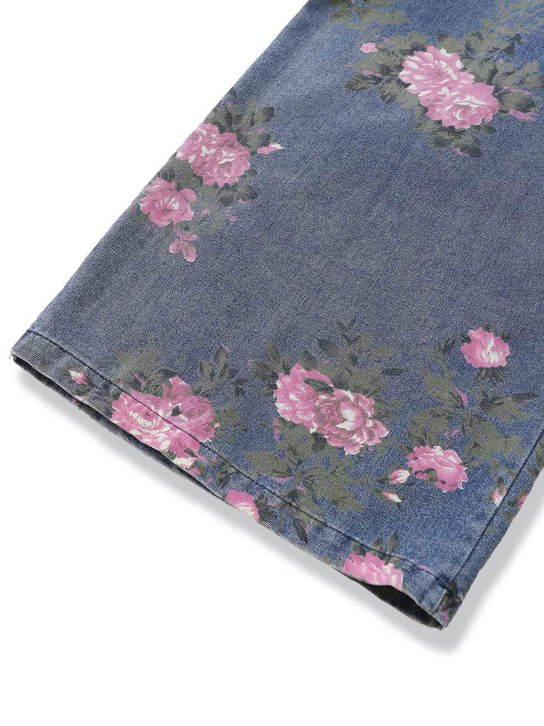 Blauer 40er Jeans-Latzoverall mit Blumen und weitem Bein