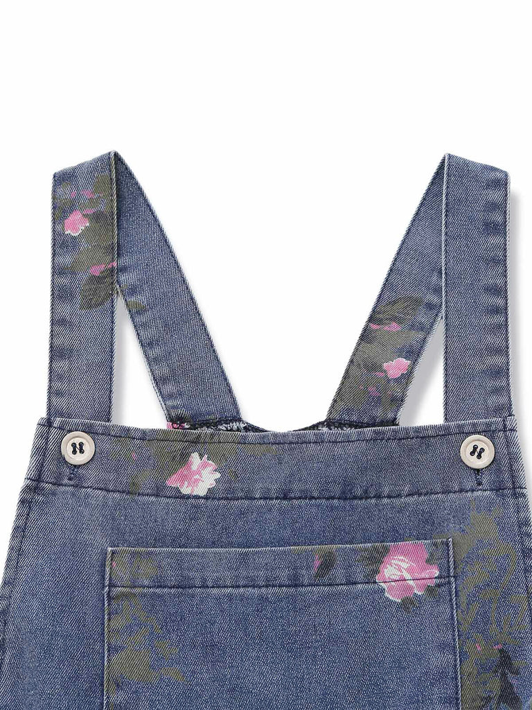 Blauer 40er Jeans-Latzoverall mit Blumen und weitem Bein
